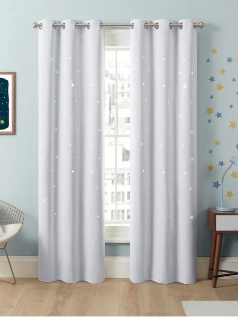 White Star Print Drapery Panels with blackout curtains